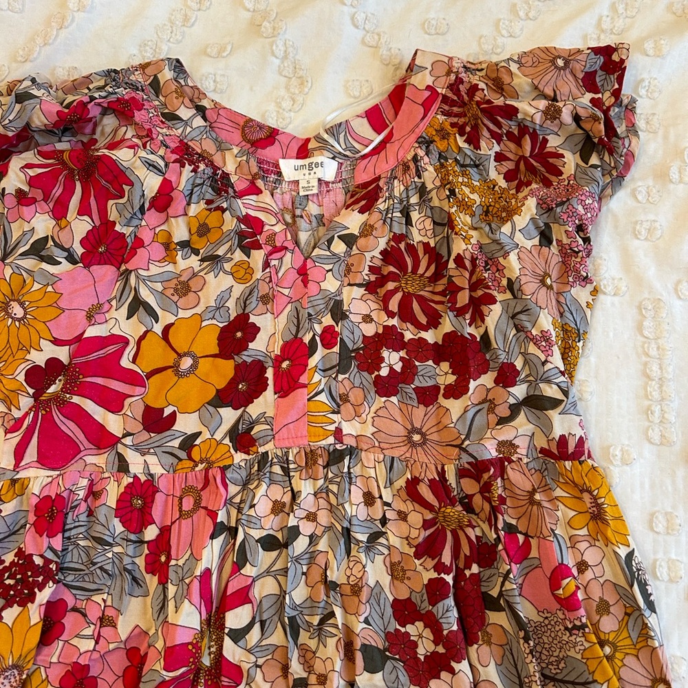 Umgee Red and Pink Ruffled Tiered Sundress with Flutter Sleeves